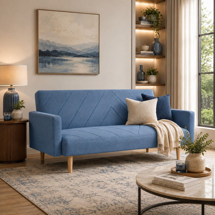 Ryan Fabric Sofa Bed Chevron Design With Wooden Leg, Blue Fabric