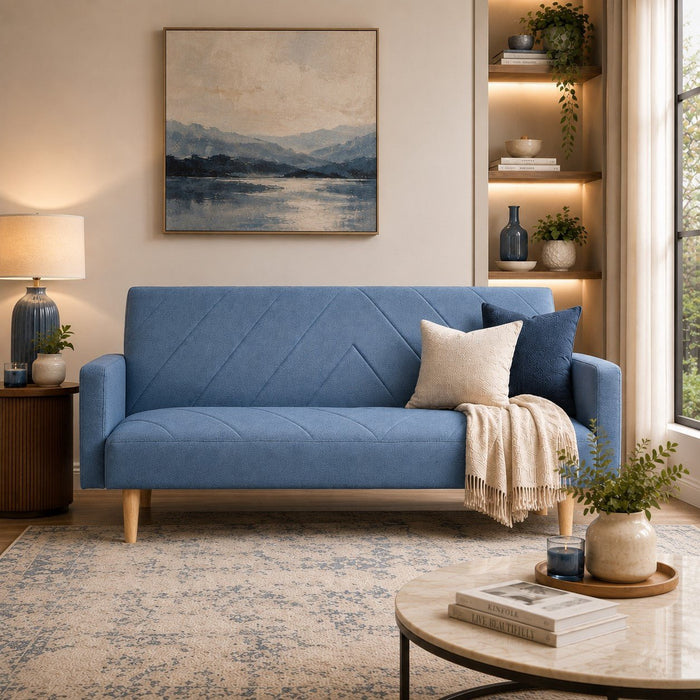 Ryan Fabric Sofa Bed Chevron Design With Wooden Leg, Blue Fabric