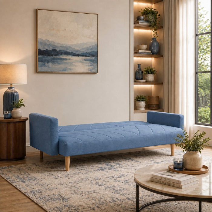 Ryan Fabric Sofa Bed Chevron Design With Wooden Leg, Blue Fabric