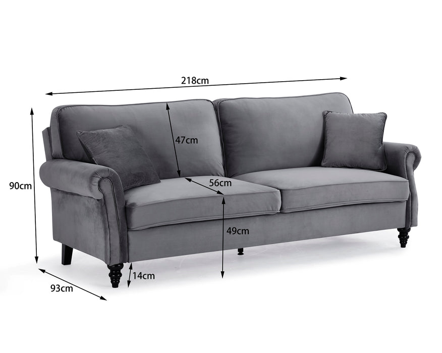 REGAN 3 Seater Sofa Bed Grey Velvet Fabric Grey With Black Legs and Matching Cushions