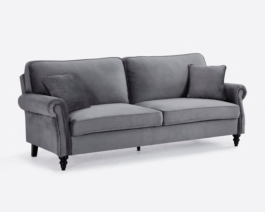 REGAN 3 Seater Sofa Bed Grey Velvet Fabric Grey With Black Legs and Matching Cushions