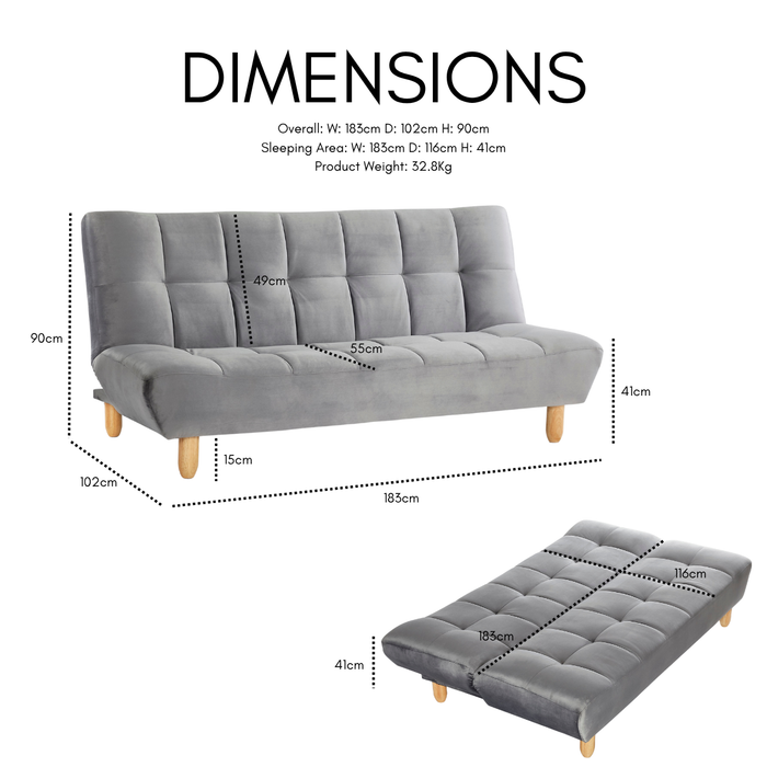 Macey Velvet Sofa Bed With Wooden Legs, Grey Velvet