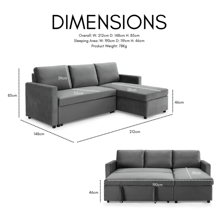 Dorset Fabric Pull-Out sofa Bed Reversible Chaise with Storage, Black Velvet