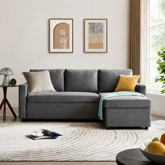 Dorset Fabric Pull-Out sofa Bed Reversible Chaise with Storage, Grey Velvet