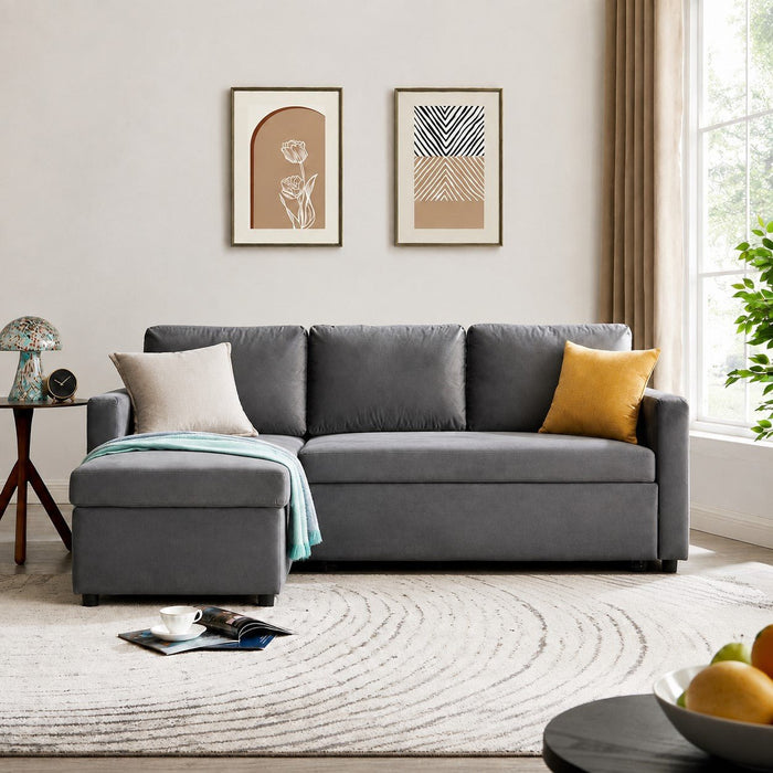 Dorset Fabric Pull-Out sofa Bed Reversible Chaise with Storage, Grey Velvet