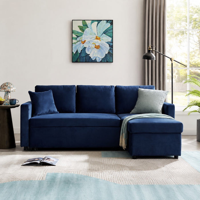 Dorset Fabric Pull-Out sofa Bed Reversible Chaise with Storage, Blue Velvet