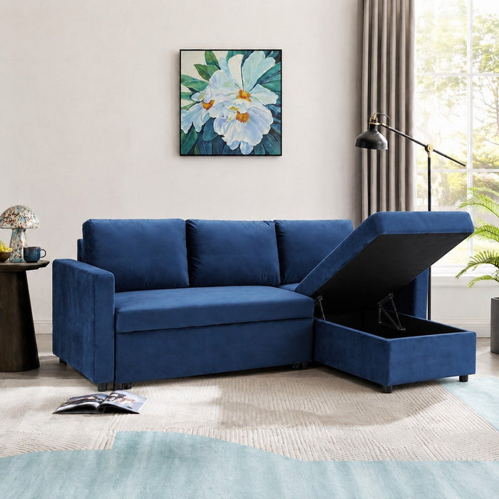 Dorset Fabric Pull-Out sofa Bed Reversible Chaise with Storage, Blue Velvet