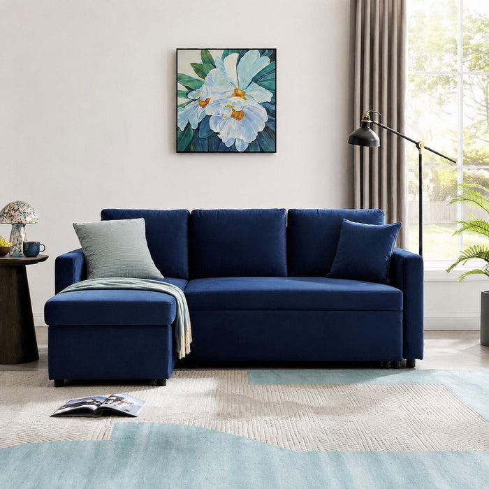 Dorset Fabric Pull-Out sofa Bed Reversible Chaise with Storage, Blue Velvet