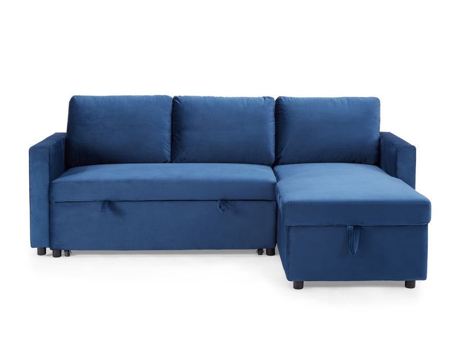 Dorset 3 Seater Pull-Out Reversible Chaise Storage Sofa Bed, Blue Velvet