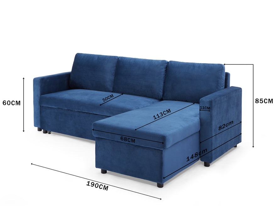 Dorset 3 Seater Pull-Out Reversible Chaise Storage Sofa Bed, Blue Velvet