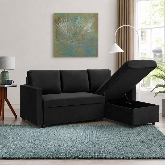 Dorset Fabric Pull-Out sofa Bed Reversible Chaise with Storage, Black Velvet