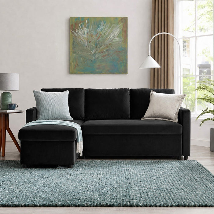 Dorset Fabric Pull-Out sofa Bed Reversible Chaise with Storage, Black Velvet