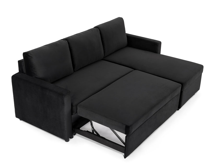Dorset 3 Seater Pull-Out Reversible Chaise Storage Sofa Bed, Black Velvet