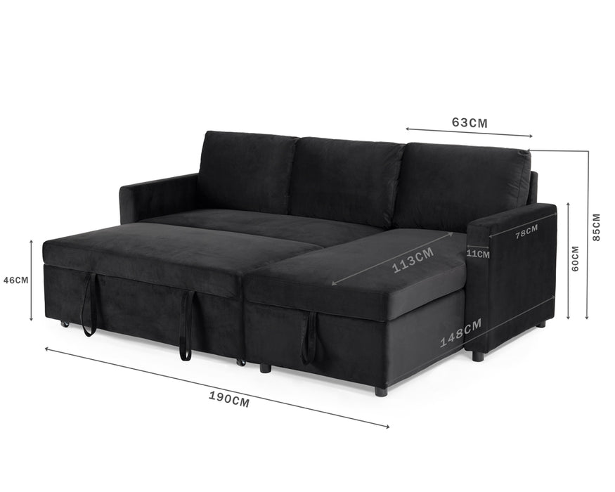 Dorset 3 Seater Pull-Out Reversible Chaise Storage Sofa Bed, Black Velvet