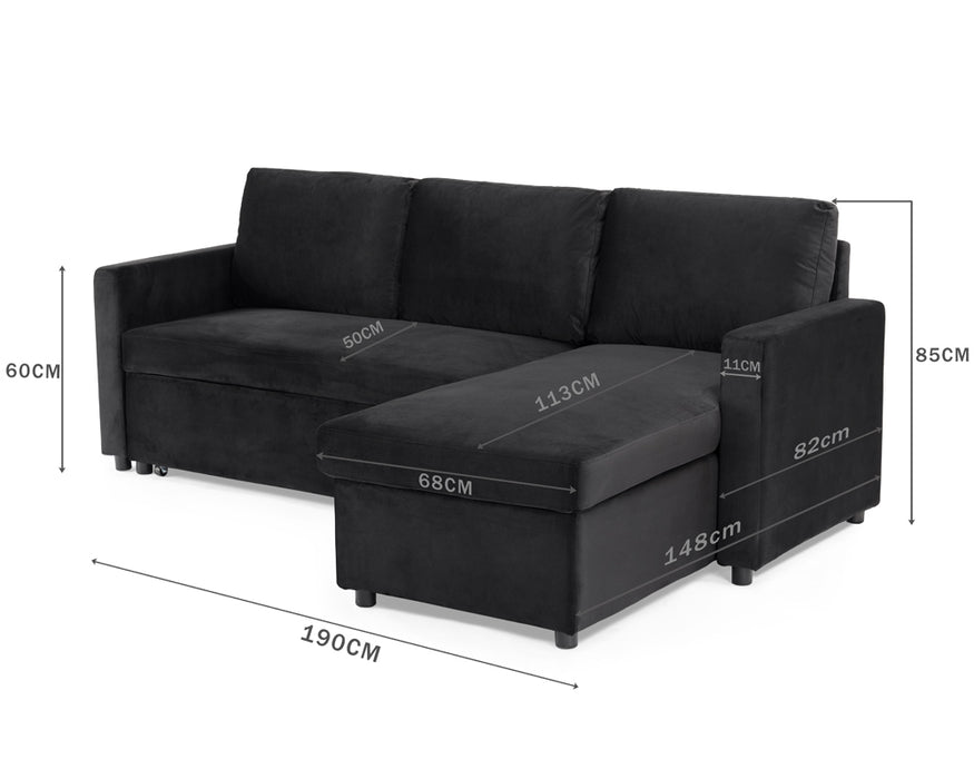 Dorset 3 Seater Pull-Out Reversible Chaise Sofa Bed, Black Velvet