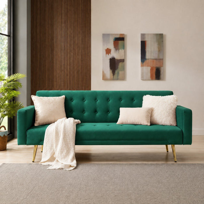 Windsor Velvet Sofa Bed With Gold Legs, Green Velvet