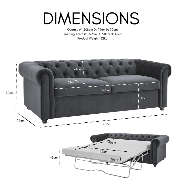 Jackson Velvet Pull-Out Sofa Bed Chesterfield Design With Mattress, Grey Velvet