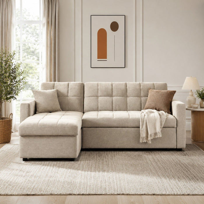 Harriet Pull-Out Sofa Bed With Reversible Storage Chaise, Beige Linen