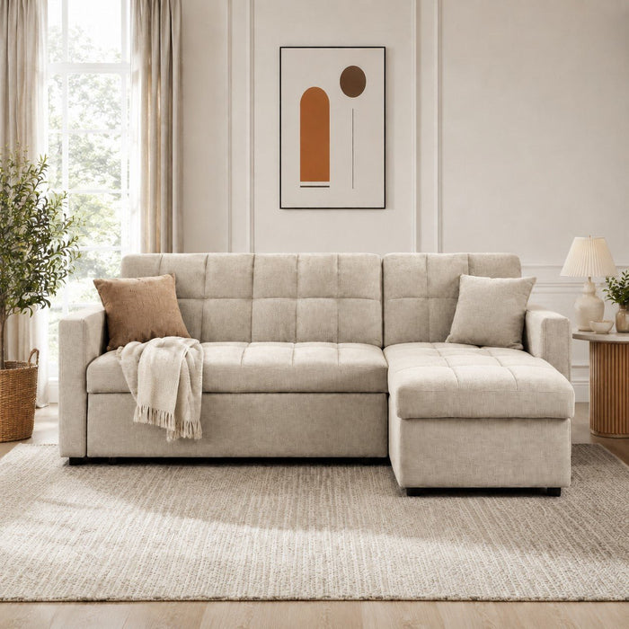 Harriet Pull-Out Sofa Bed With Reversible Storage Chaise, Beige Linen