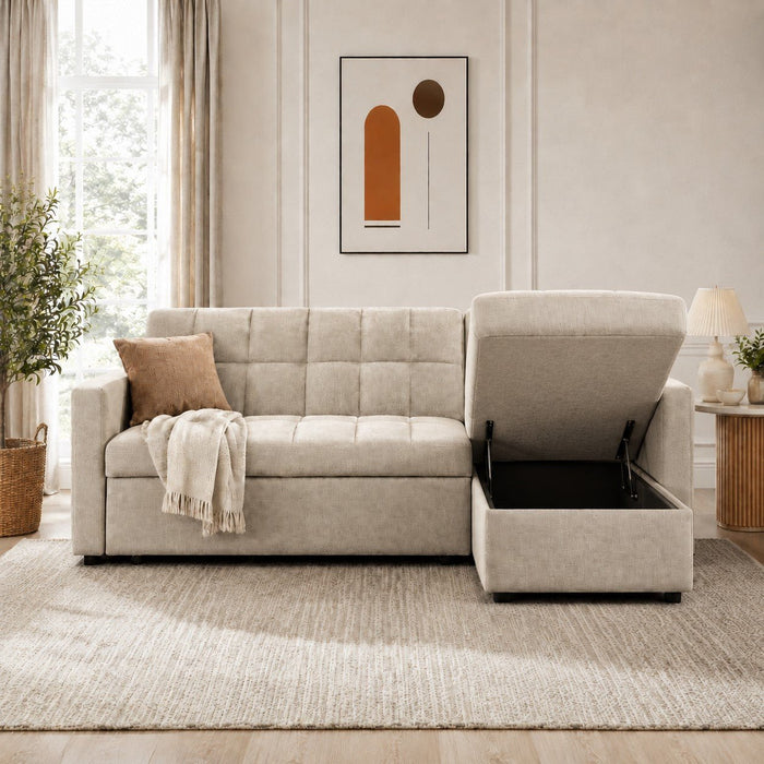 Harriet Pull-Out Sofa Bed With Reversible Storage Chaise, Beige Linen