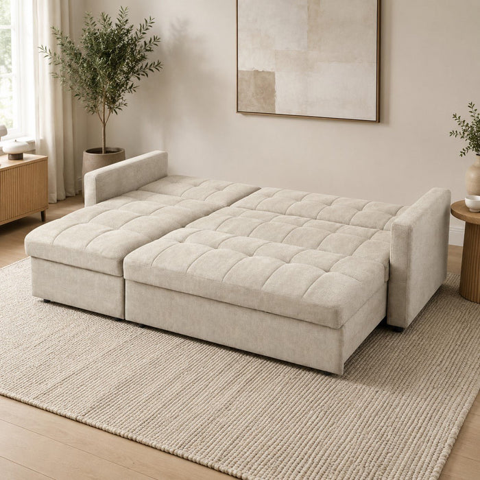 Harriet Pull-Out Sofa Bed With Reversible Storage Chaise, Beige Linen