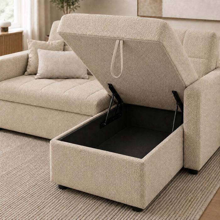 Harriet Pull-Out Sofa Bed With Reversible Storage Chaise, Beige Linen