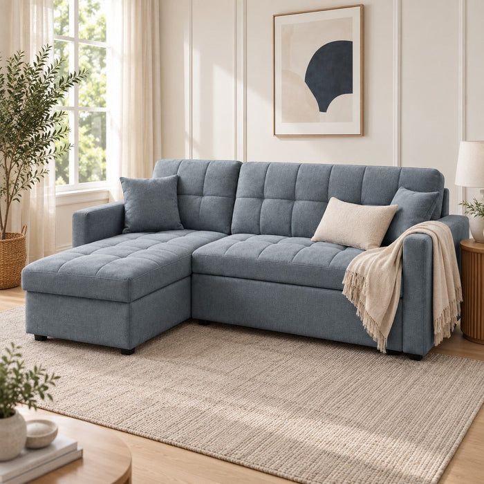 Harriet Pull-Out Sofa Bed With Reversible Storage Chaise, Blue Linen
