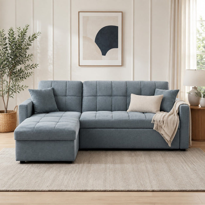 Harriet Pull-Out Sofa Bed With Reversible Storage Chaise, Blue Linen