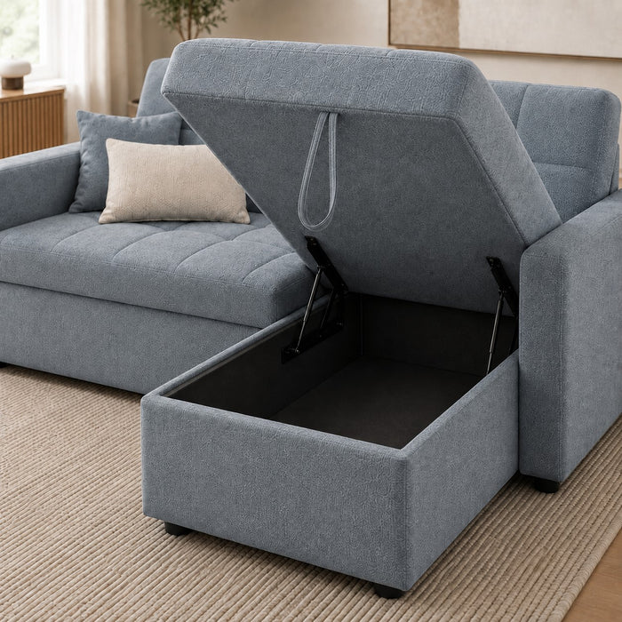 Harriet Pull-Out Sofa Bed With Reversible Storage Chaise, Blue Linen