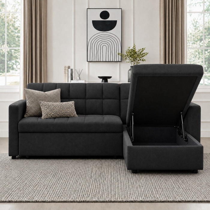 Harriet Pull-Out Sofa Bed With Reversible Storage Chaise, Charcoal Linen