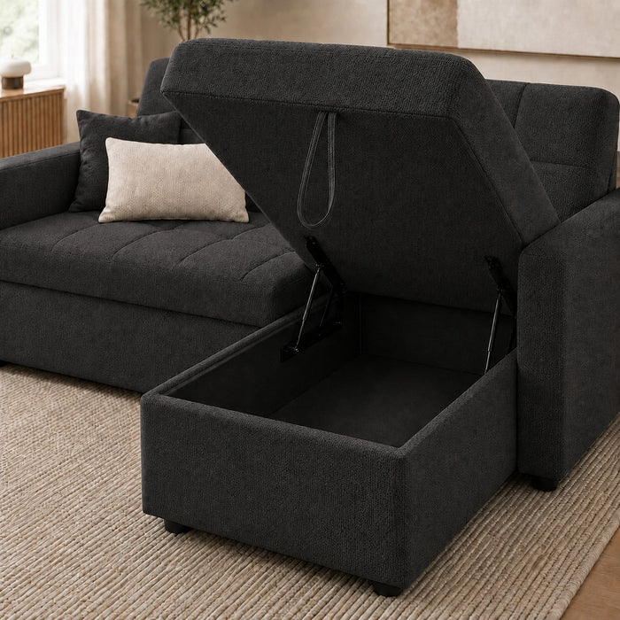 Harriet Pull-Out Sofa Bed With Reversible Storage Chaise, Charcoal Linen