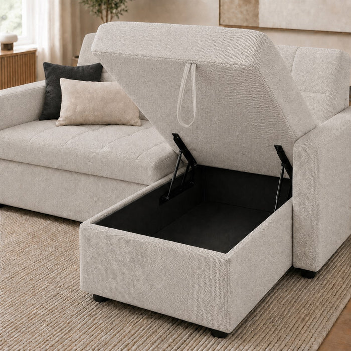 Harriet Pull-Out Sofa Bed With Reversible Storage Chaise, Light Grey Linen
