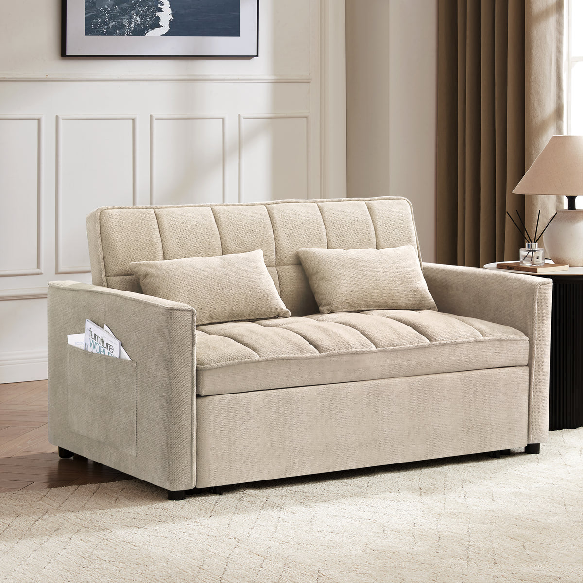 Harriet Pull-Out Sofa Bed, Beige Linen