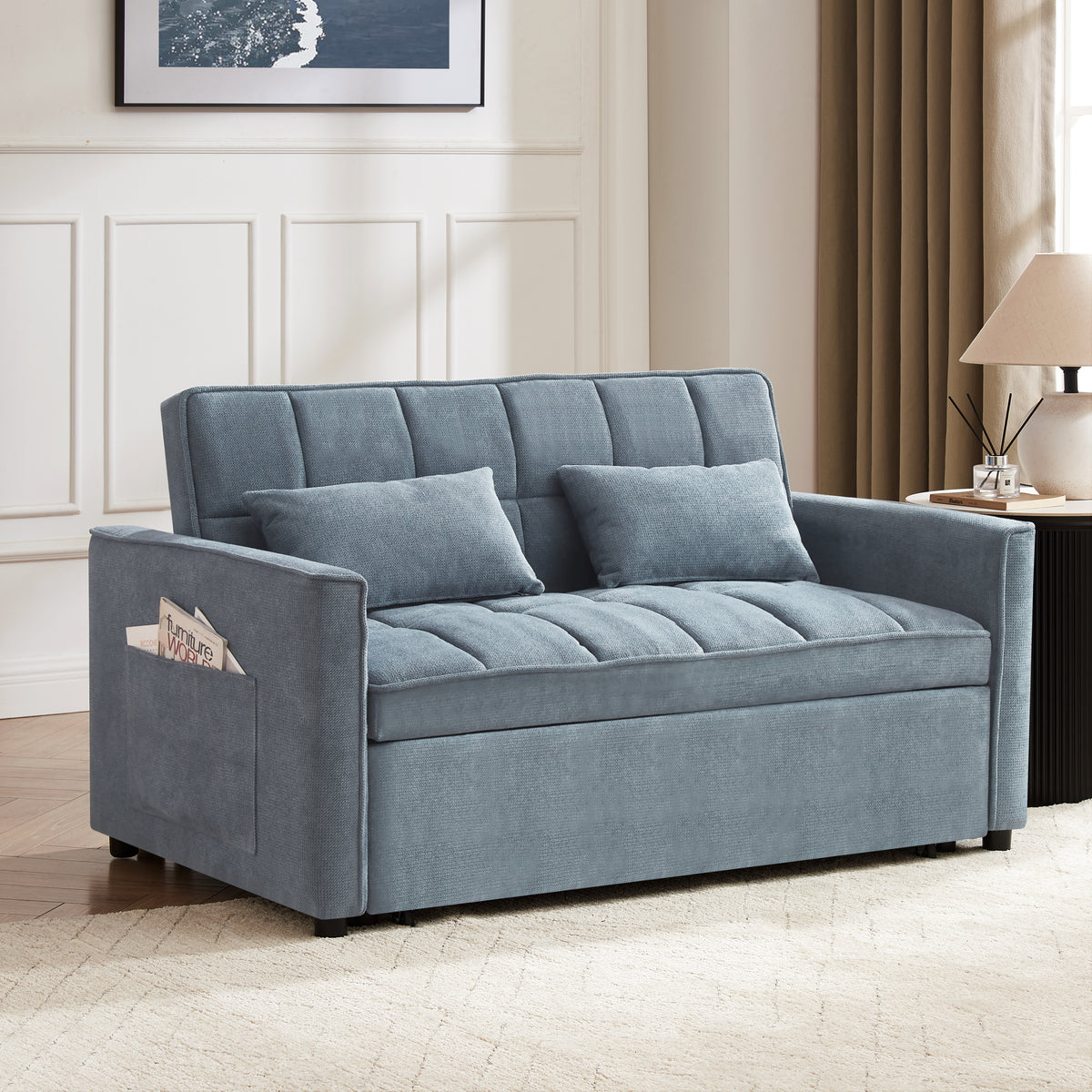Harriet Pull-Out Sofa Bed, Blue Linen