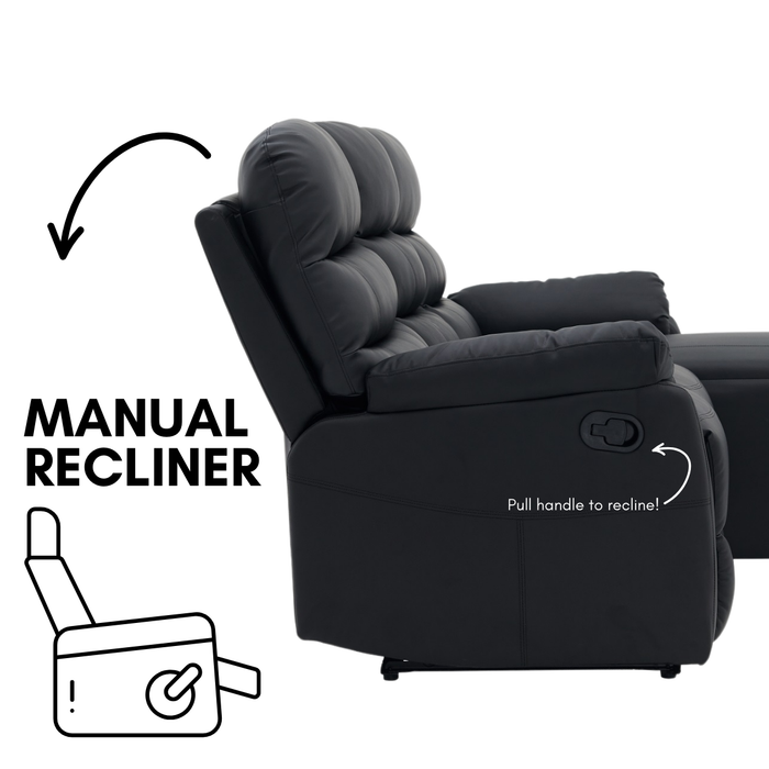 Carter 3 Seater Sofa With Right-Hand Chaise and Left-Hand Recliner, Black Faux Leather