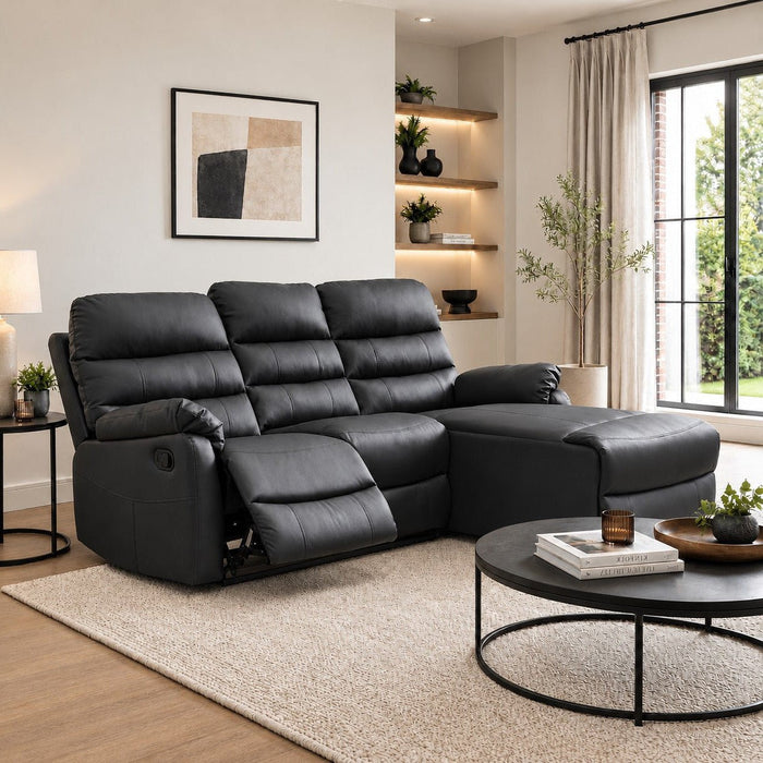 Carter 3 Seater Sofa With Right-Hand Chaise and Left-Hand Recliner, Black Faux Leather