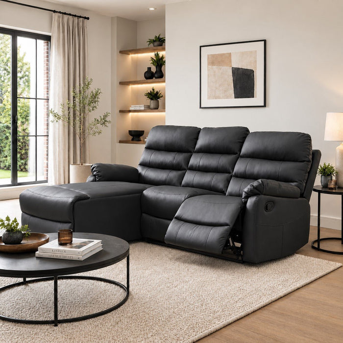 Carter 3 Seater Sofa With Left-Hand Chaise and Right-Hand Recliner, Black Faux Leather