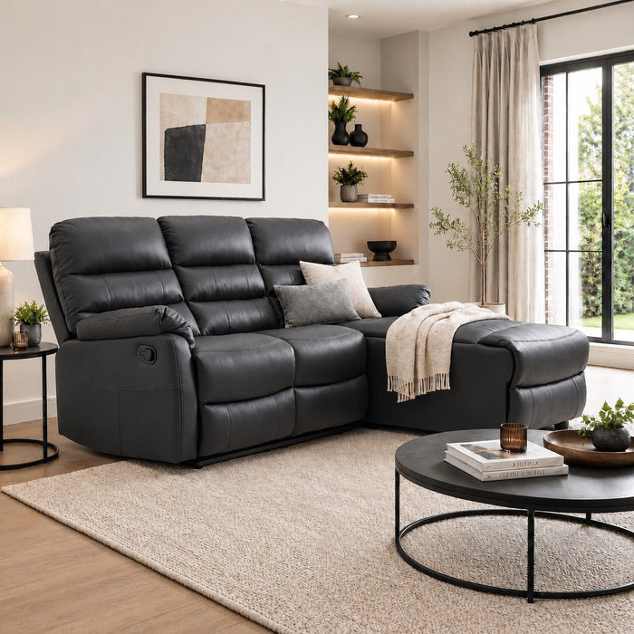 Carter 3 Seater Sofa With Right-Hand Chaise and Left-Hand Recliner, Black Faux Leather