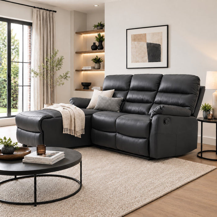 Carter 3 Seater Sofa With Left-Hand Chaise and Right-Hand Recliner, Black Faux Leather