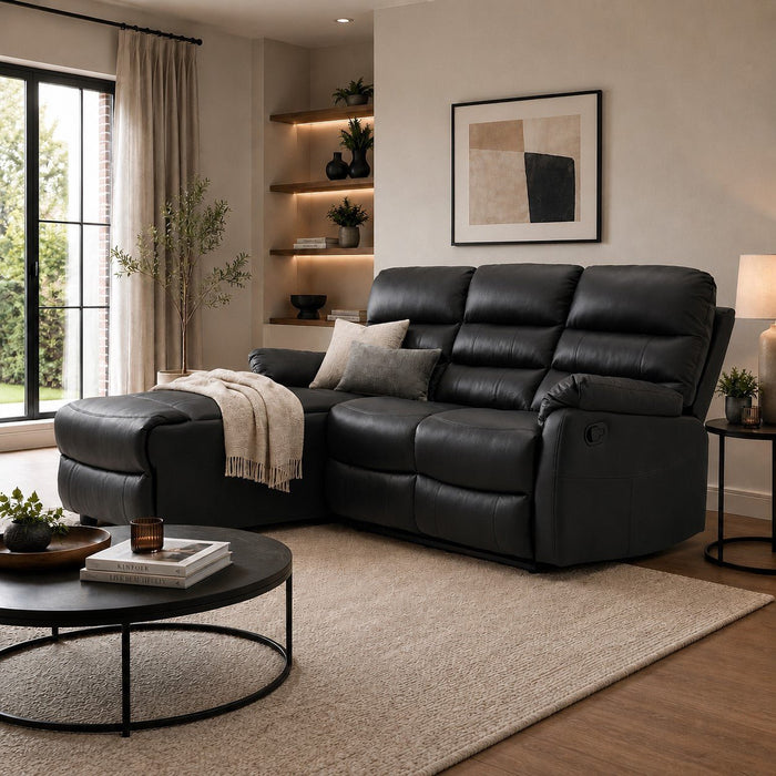 Carter 3 Seater Sofa With Left-Hand Chaise and Right-Hand Recliner, Black Faux Leather