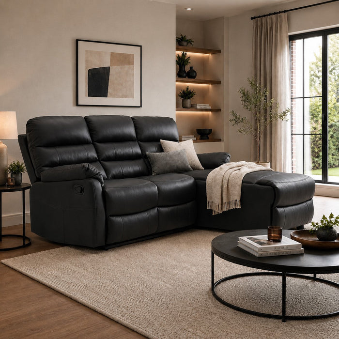 Carter 3 Seater Sofa With Right-Hand Chaise and Left-Hand Recliner, Black Faux Leather