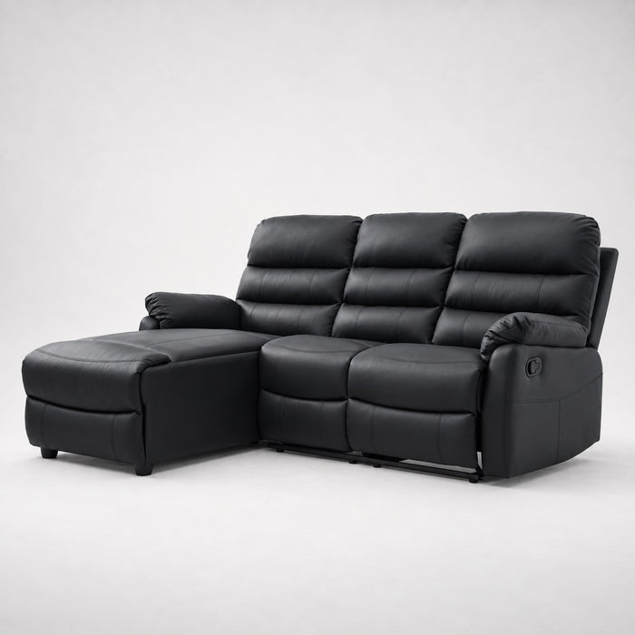 Carter 3 Seater Sofa With Left-Hand Chaise and Right-Hand Recliner, Black Faux Leather