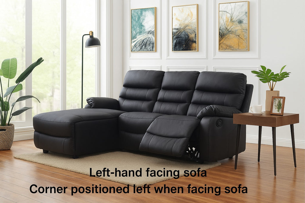 Carter 3 Seater Sofa With Left-Hand Chaise and Right-Hand Recliner, Black Faux Leather
