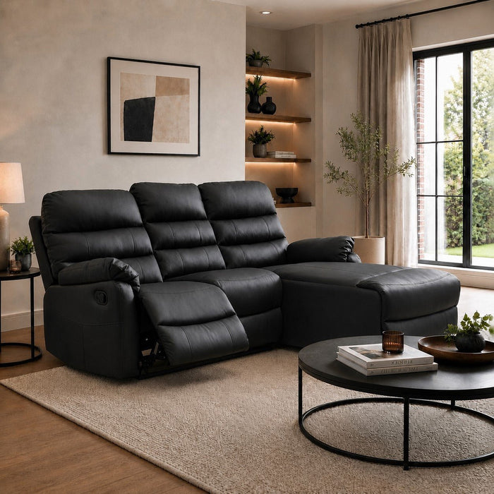 Carter 3 Seater Sofa With Right-Hand Chaise and Left-Hand Recliner, Black Faux Leather