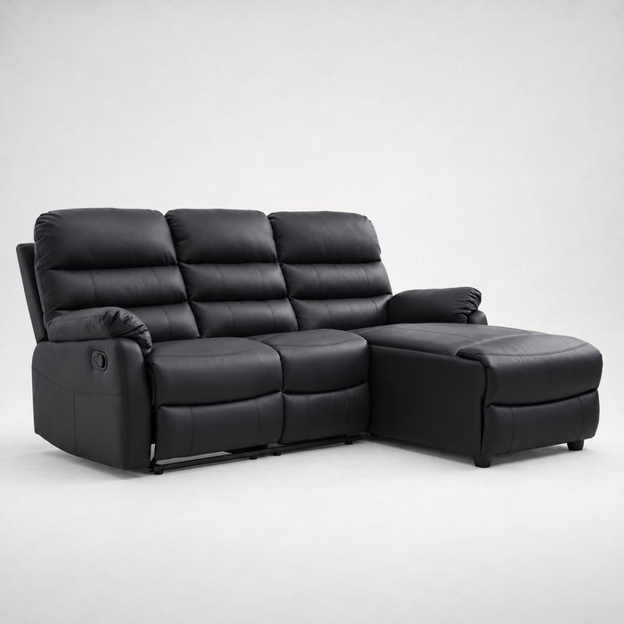 Carter 3 Seater Sofa With Right-Hand Chaise and Left-Hand Recliner, Black Faux Leather