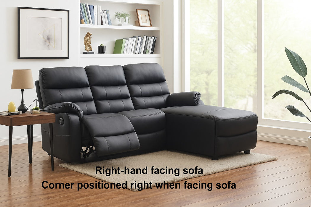 Carter 3 Seater Sofa With Right-Hand Chaise and Left-Hand Recliner, Black Faux Leather