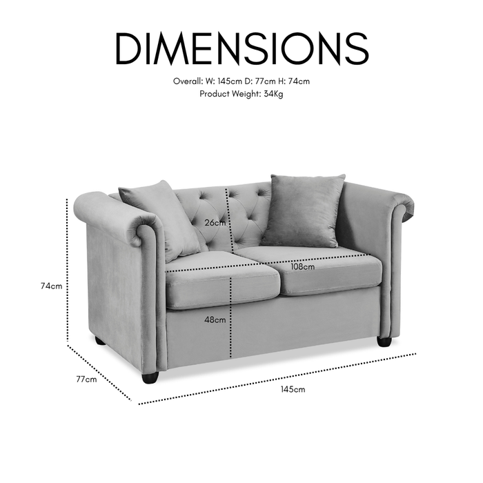 Ascot Chesterfield Fabric 2 Seater Sofa, Grey Velvet