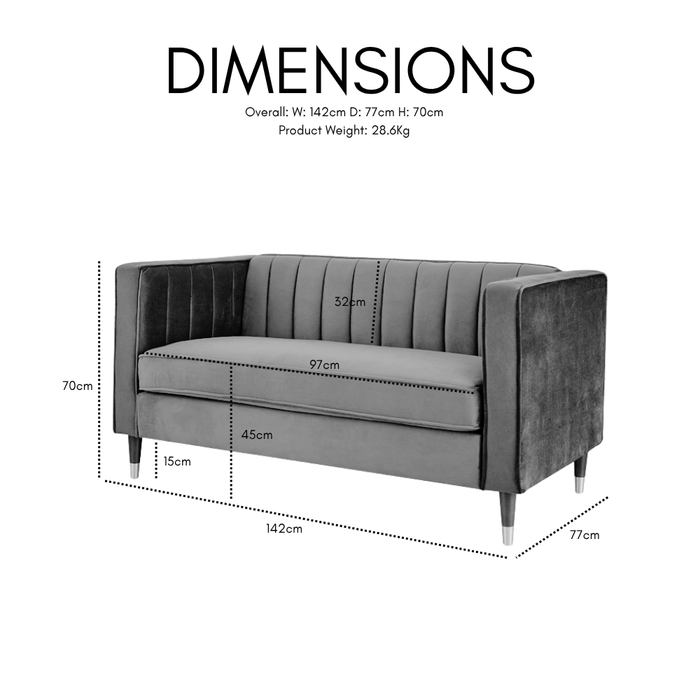 Thomas Velvet Fabric 2 Seater Sofa, Grey Velvet