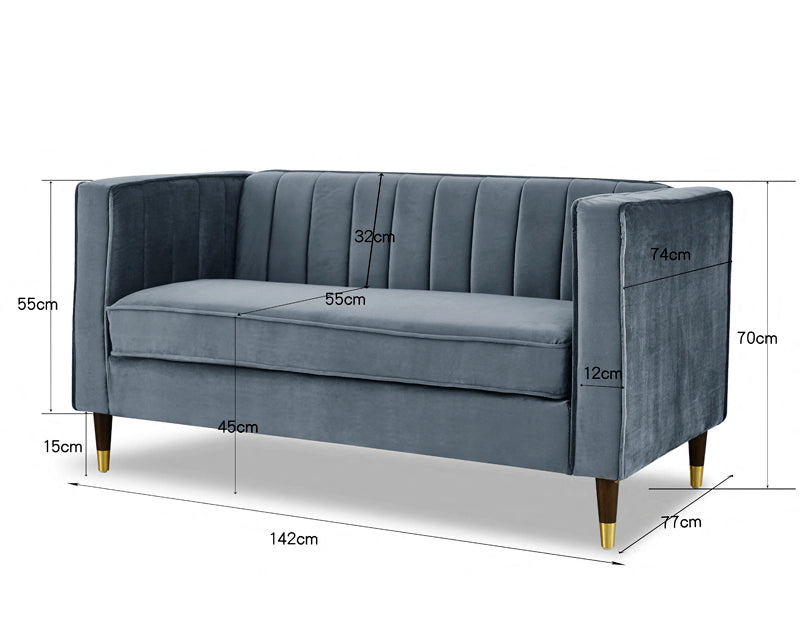 Thomas Velvet Fabric 2 Seater Sofa, Grey