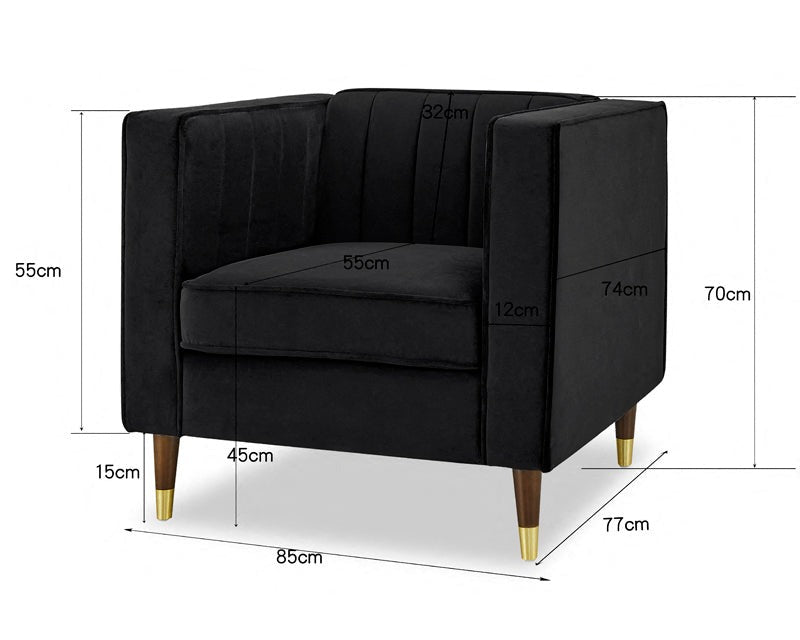 Thomas Velvet Fabric 1 Seater Sofa, Black
